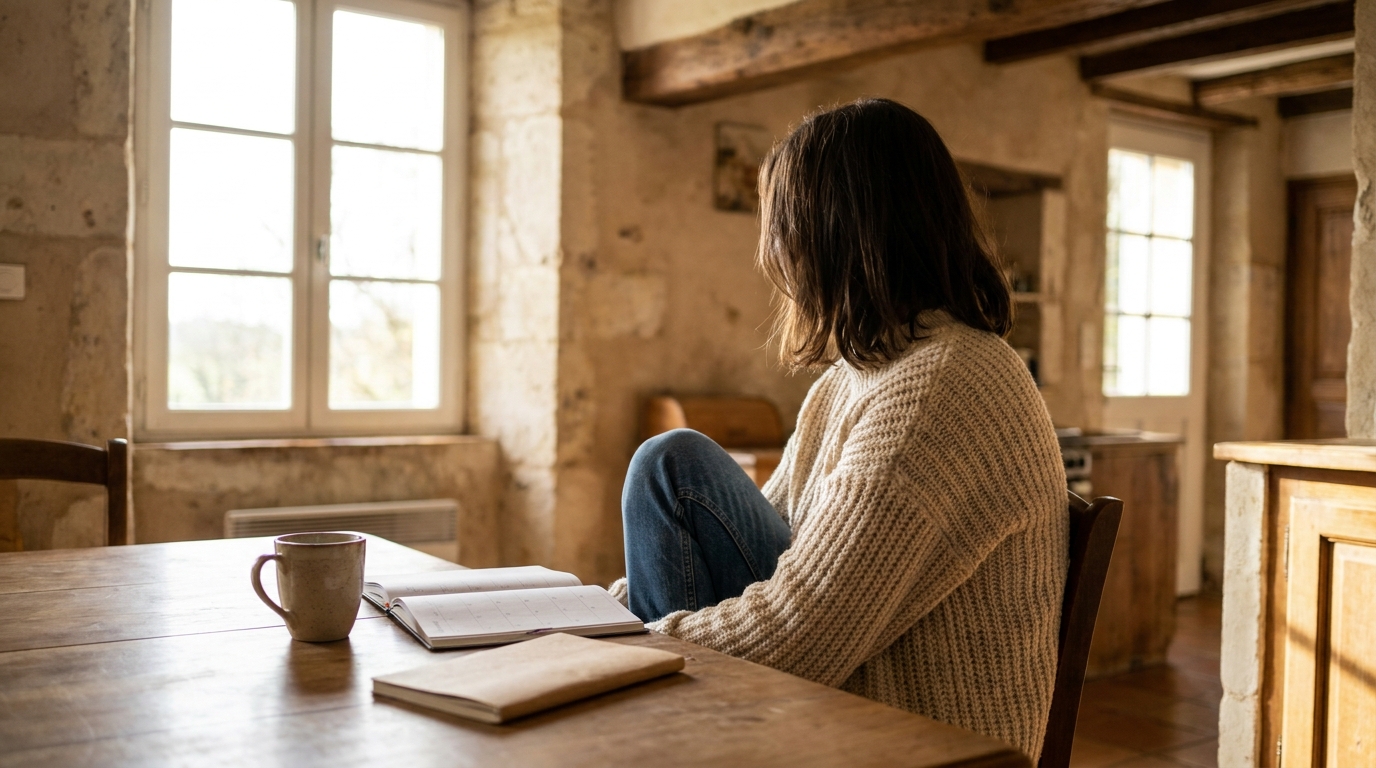Femme assise à une table, carnet ouvert, mug et calendrier près d’elle, lumière douce de matin (image générée par IA)