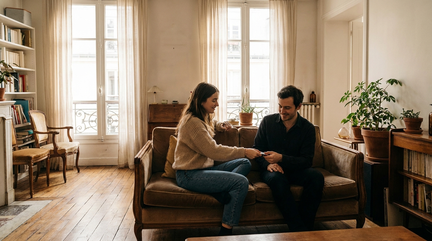 Jeune femme tendant un test de grossesse à son partenaire sur un canapé en salon lumineux (image générée par IA)