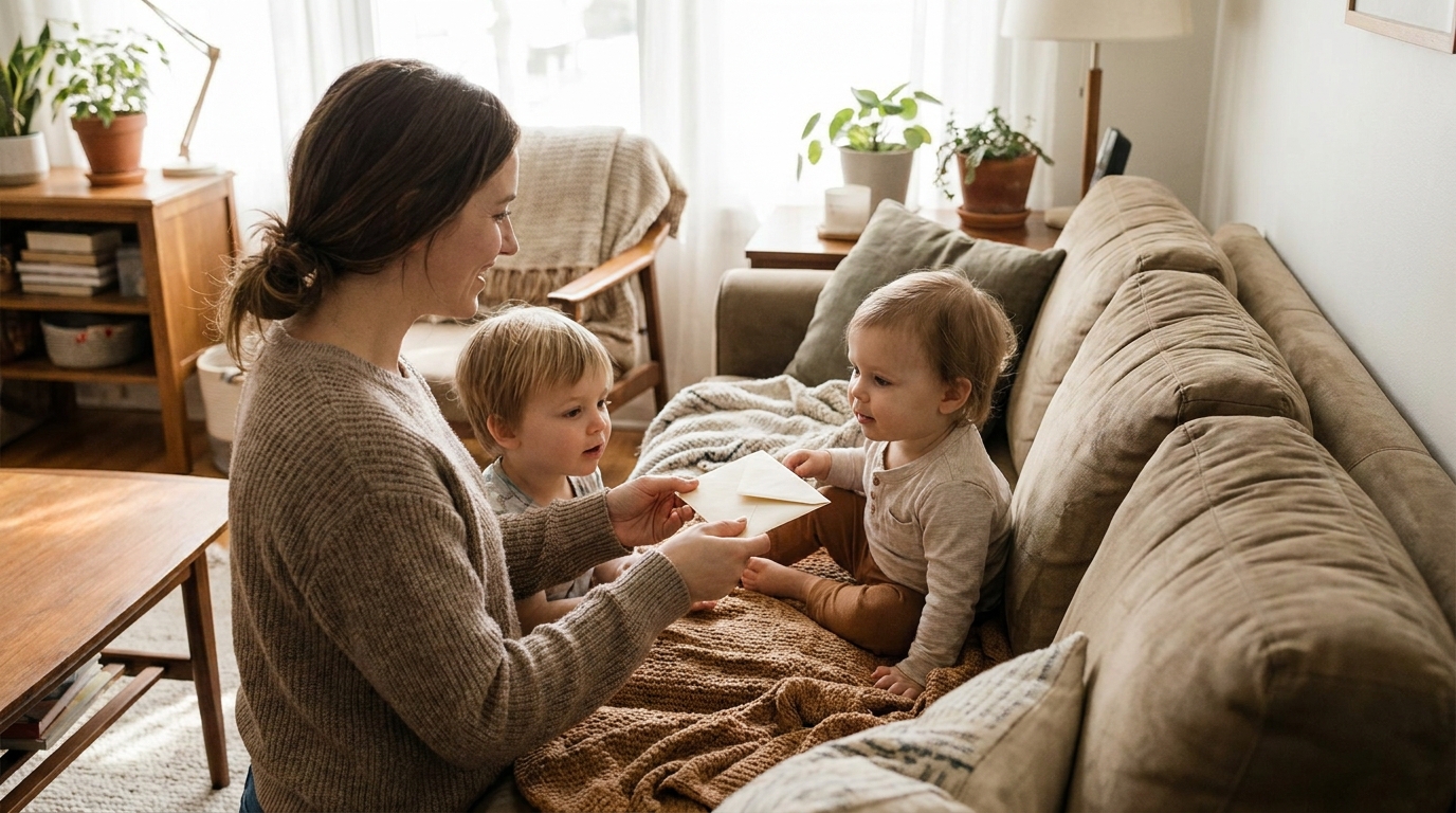 Une femme montre une enveloppe à deux jeunes enfants dans un salon chaleureux (image générée par IA)