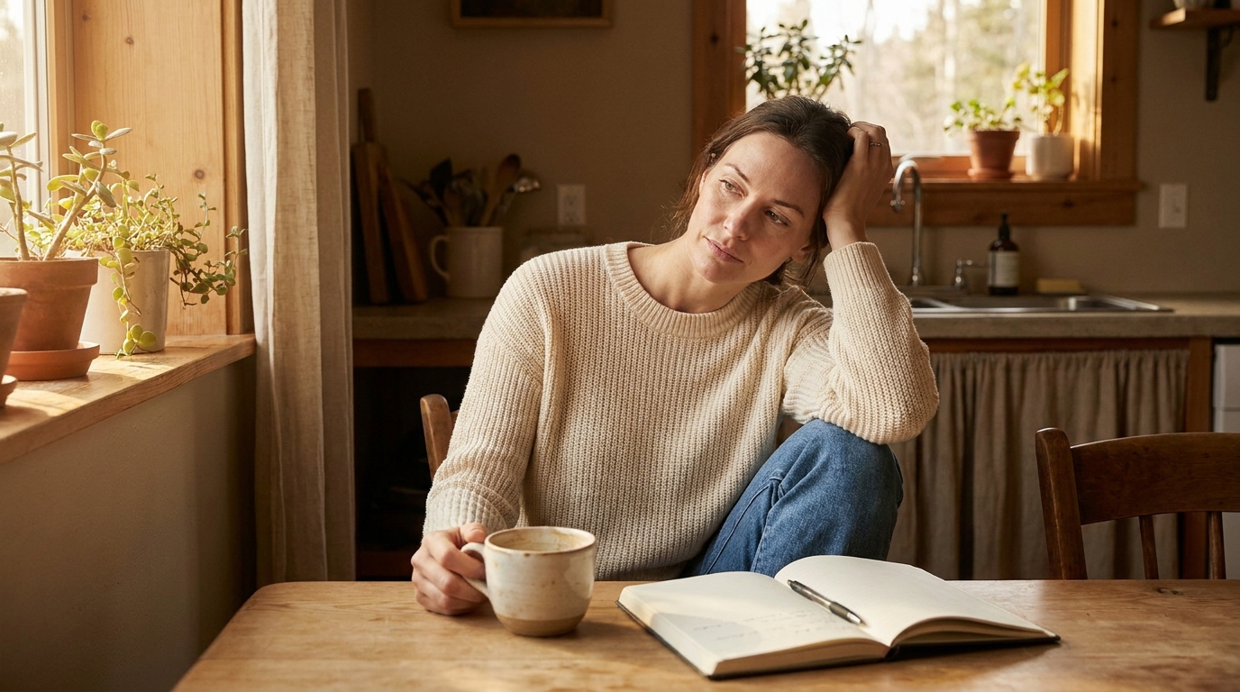 Femme assise à une table de cuisine, tasse et carnet ouverts devant elle, regard pensif￼ (image générée par IA)