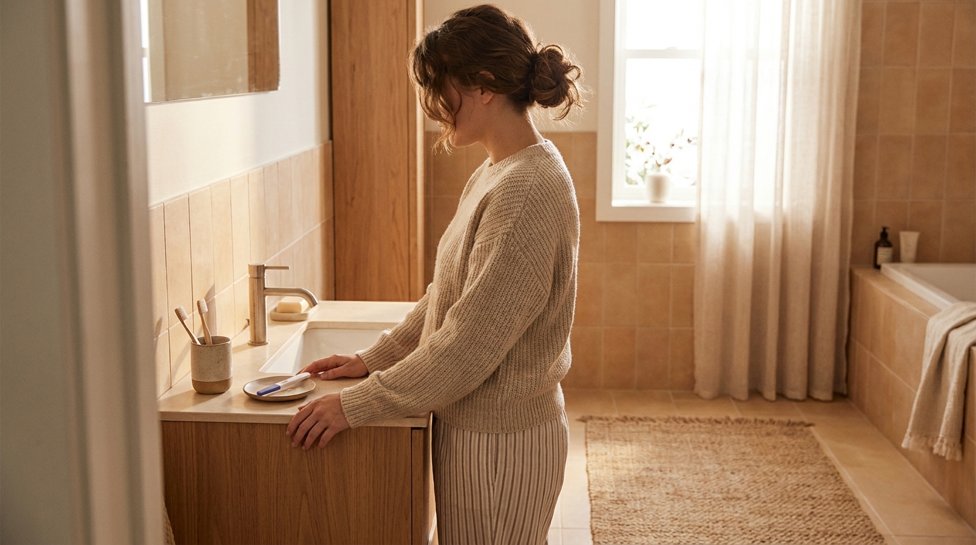 Femme en pull beige près d’un lavabo, test de grossesse et brosse à dents visibles (image générée par IA)
