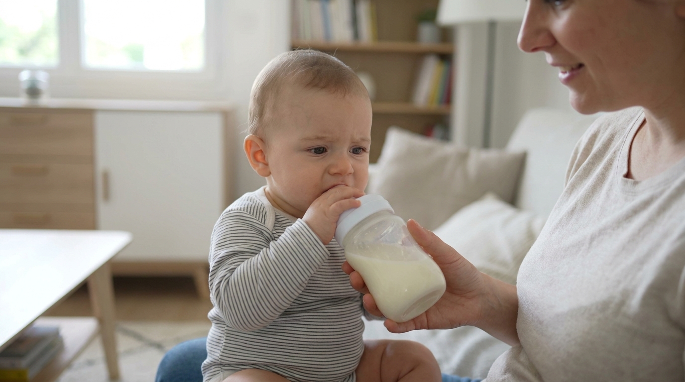 Parent proposant calmement un biberon de lait à un bébé qui hésite à le prendre