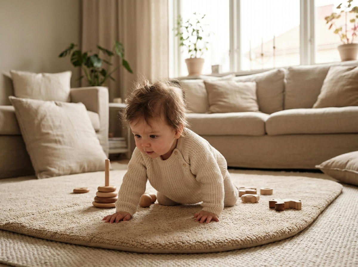 Bébé à quatre pattes sur un tapis beige, entouré de jouets en bois dans un salon lumineux