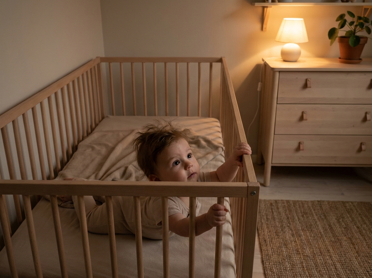 Bébé allongé dans un lit à barreaux en bois, tenant les barreaux sous une lumière douce