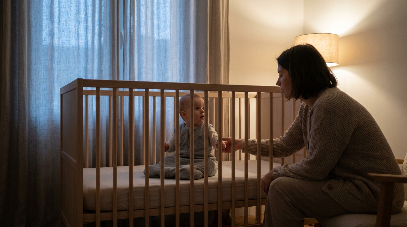 Parent rassurant un bébé réveillé très tôt dans son lit, dans une chambre encore sombre