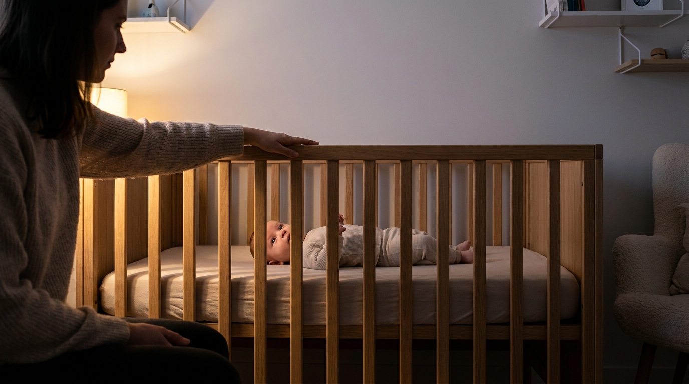 Bébé éveillé dans son lit pendant la nuit avec un parent assis à proximité