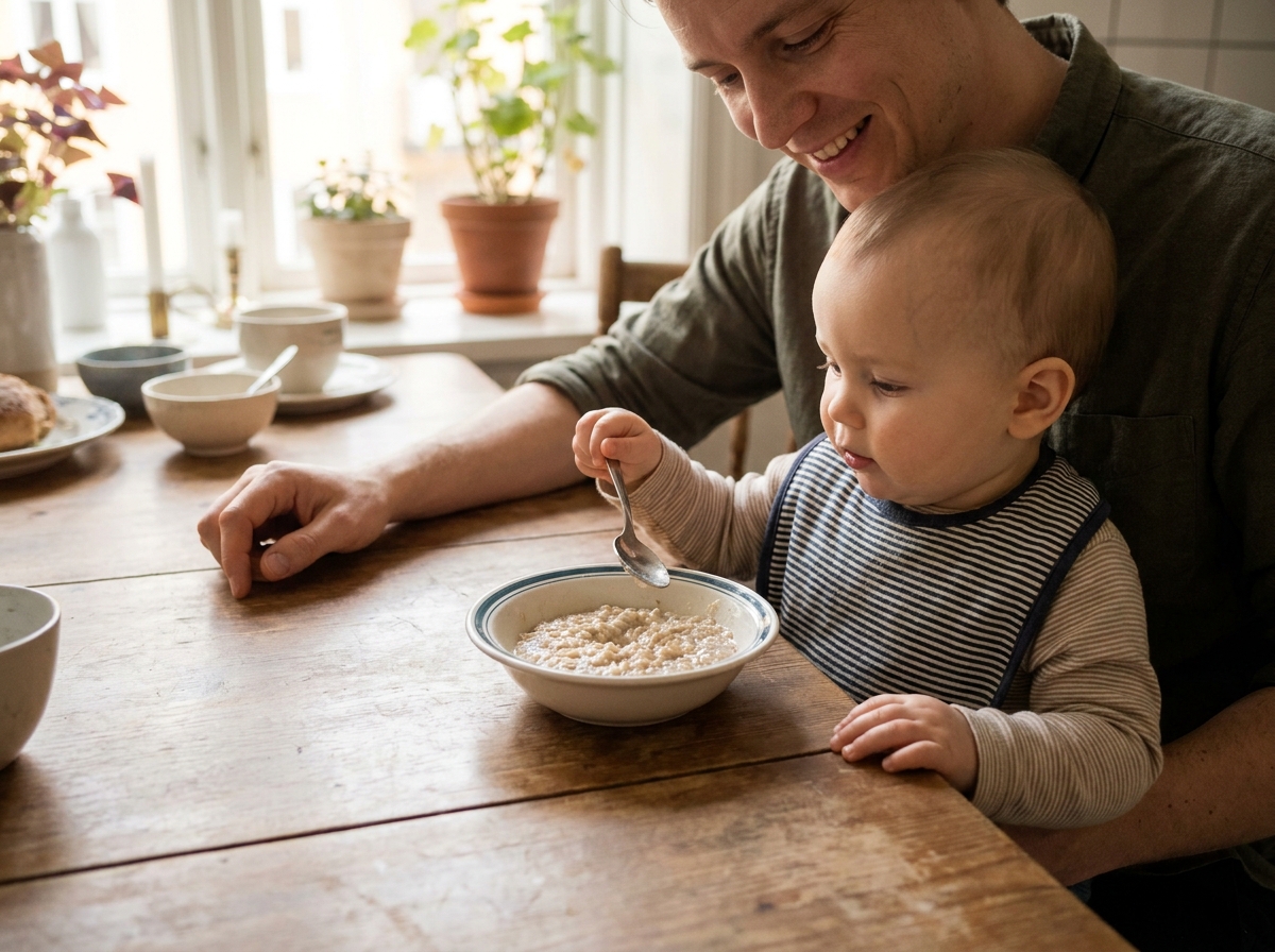 Papa souriant avec un bébé sur les genoux qui tient une petite cuillère devant un bol sur une table en bois