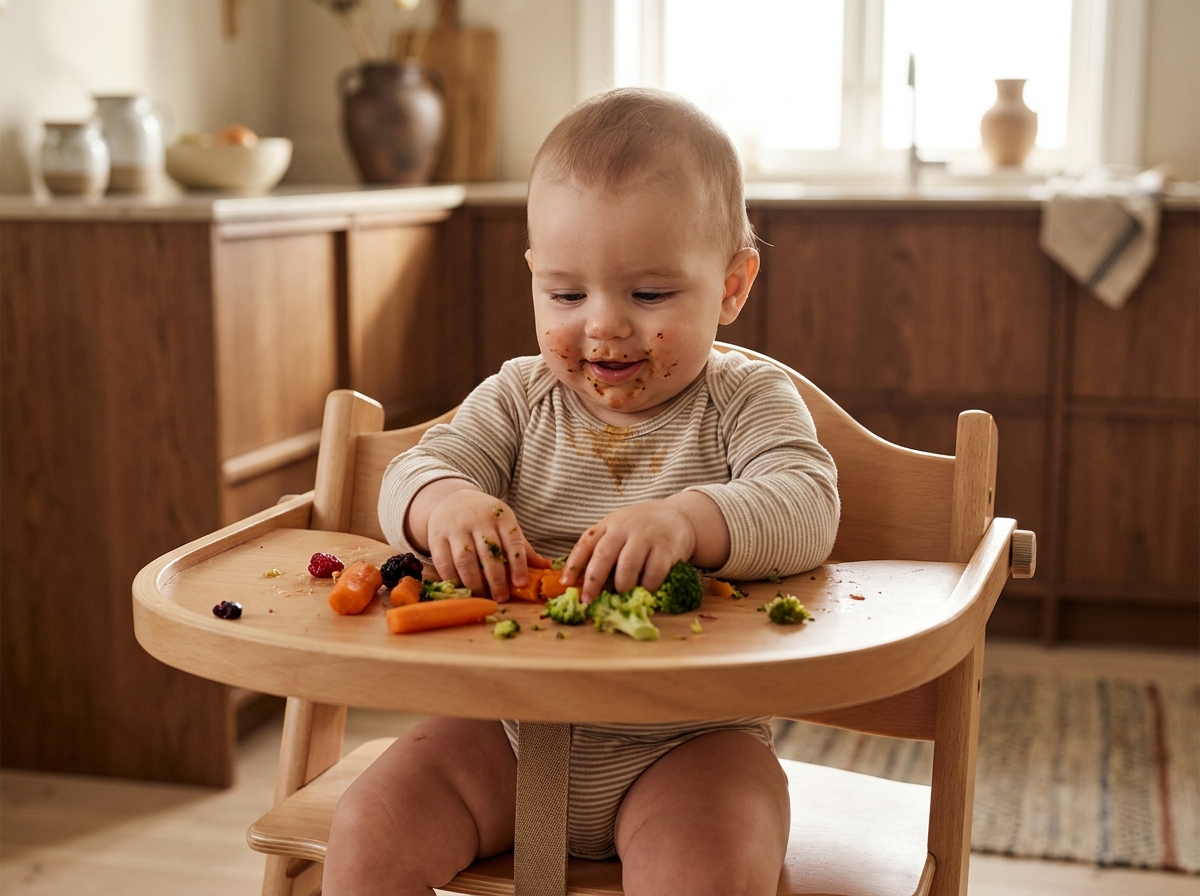 Bébé assis dans une chaise haute, manipulant des morceaux de légumes et fruits sur le plateau