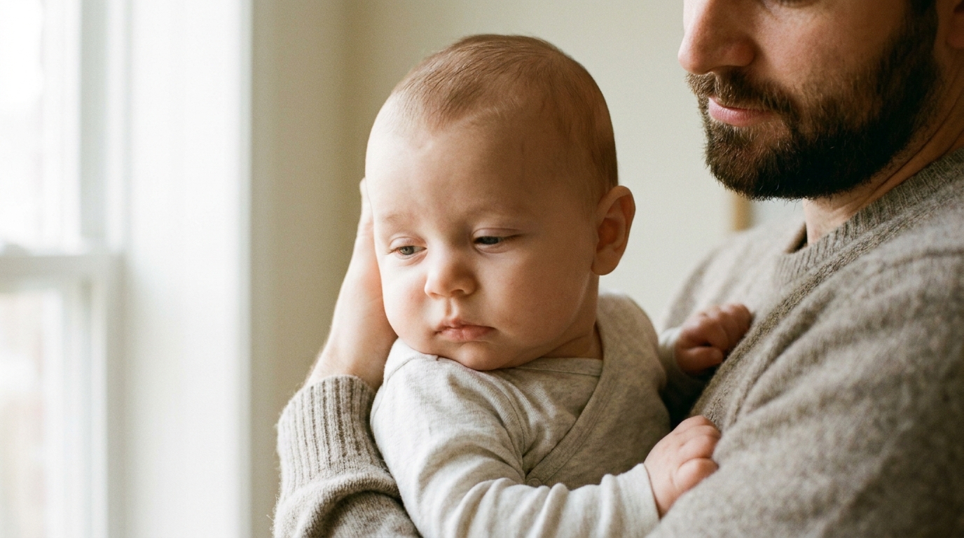 Bébé fatigué détournant le regard dans les bras de son père