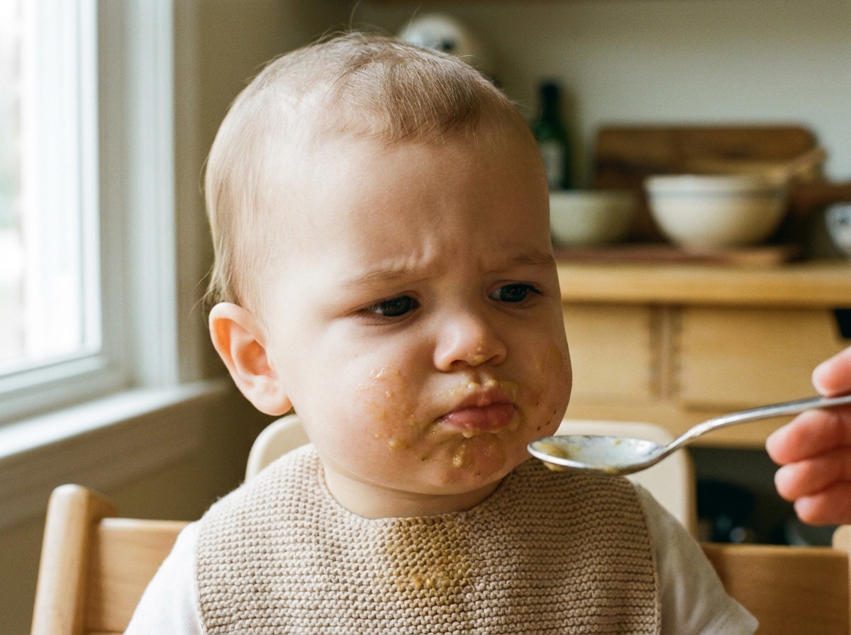 Bébé assis à table, regardant une cuillère avec une expression hésitante
