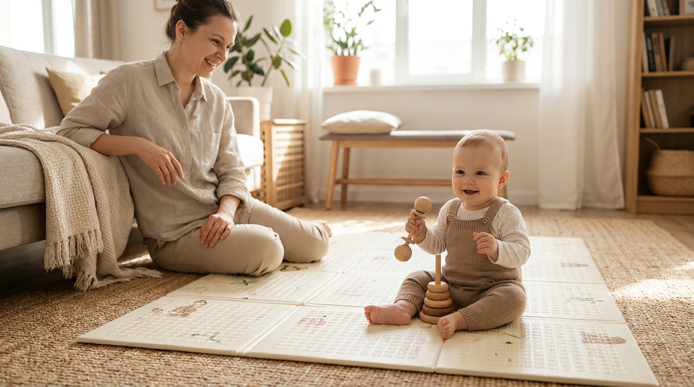 Bébé assis sur un tapis de jeu, tenant un jouet en bois, parent souriant à côté