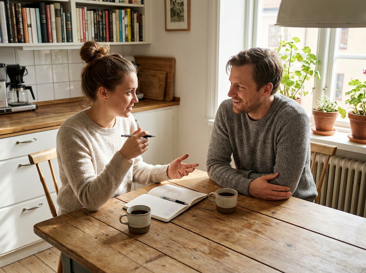 Couple assis à une table en bois discutant devant deux tasses de café