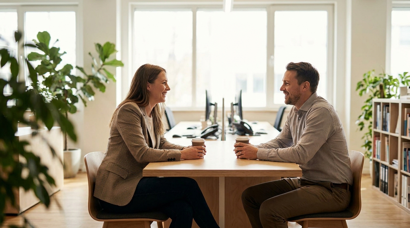 Deux collègues souriants discutent assis face à face à une table dans un bureau lumineux