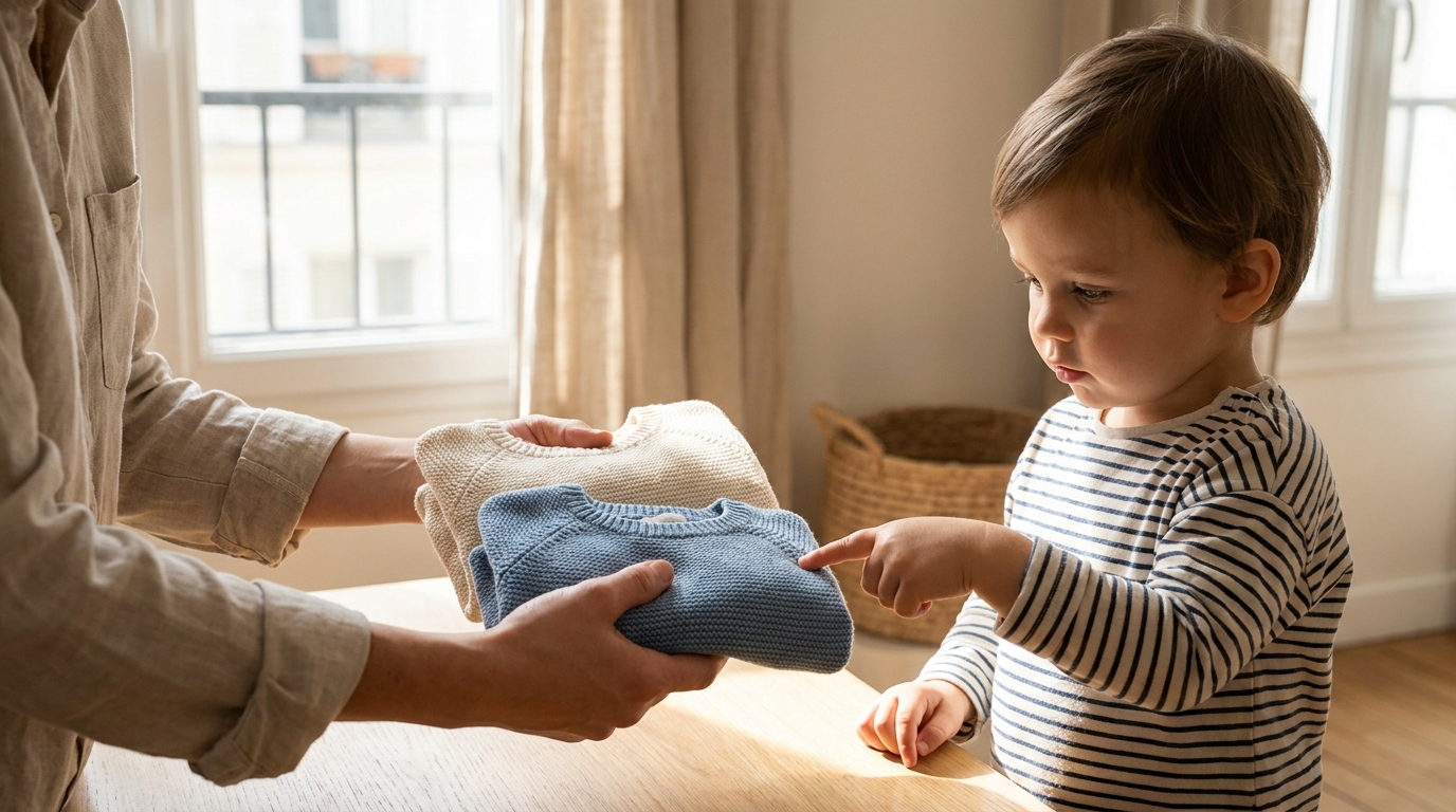 Parent proposant deux vêtements à un enfant de 2 ans pour lui permettre de choisir