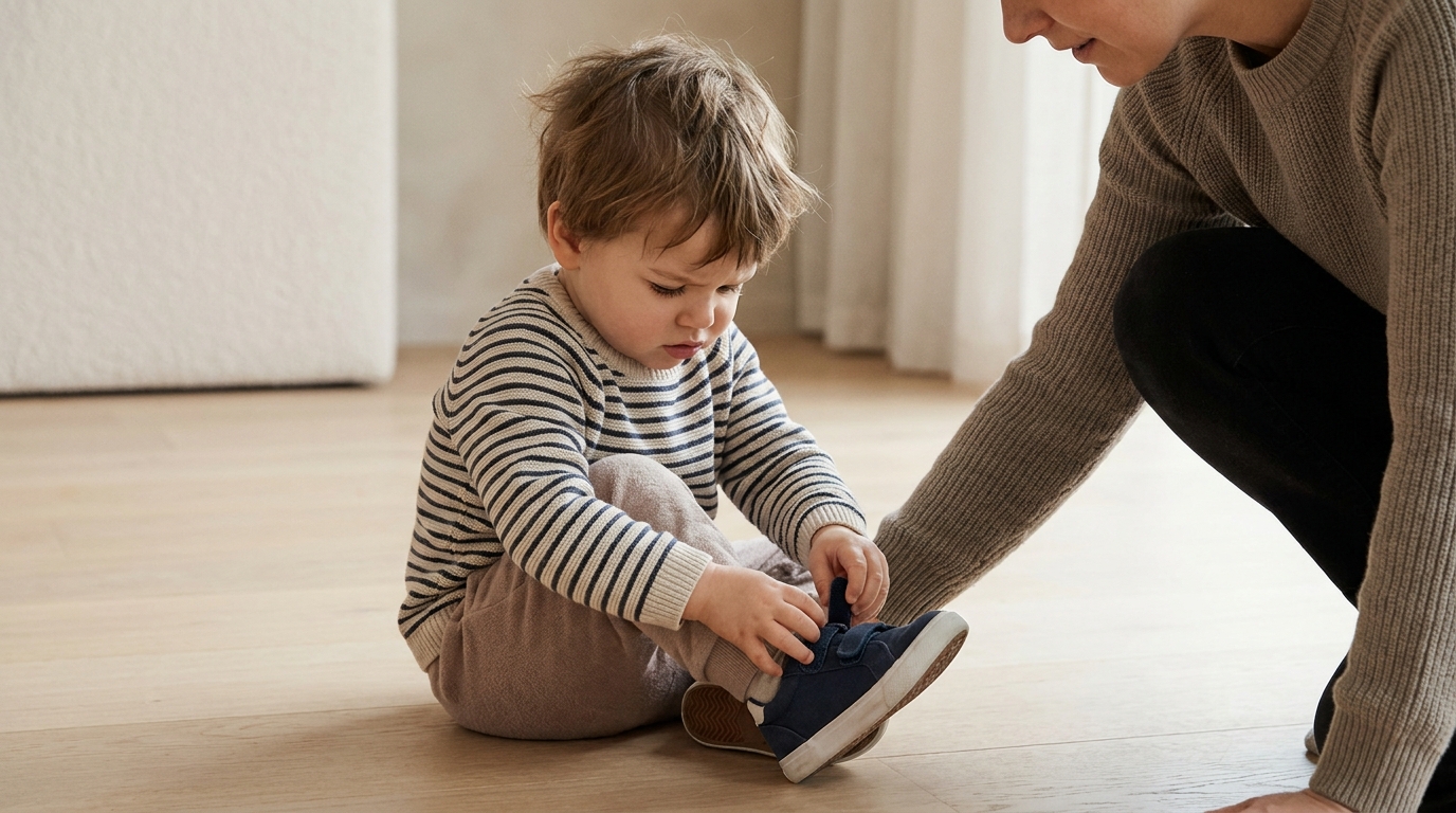 Enfant de 2 ans essayant de mettre seul sa chaussure sous le regard d'un parent