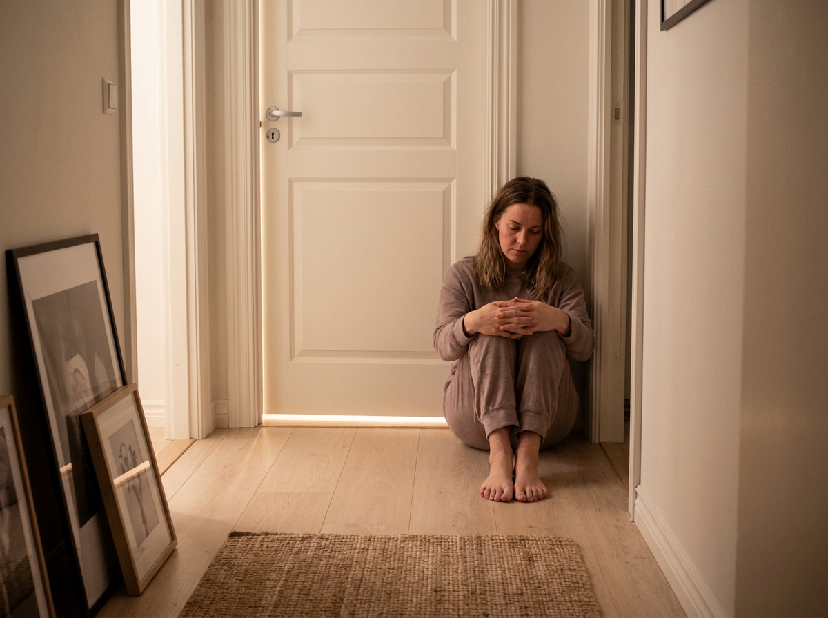 Femme assise sur le sol dans un couloir, adossée au mur près d'une porte fermée