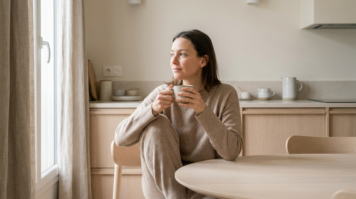 Femme assise à une table de cuisine lumineuse, tenant une tasse chaude à deux mains