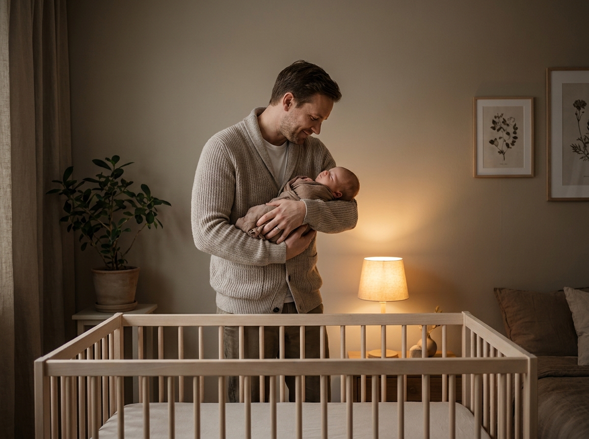 Papa berçant un bébé endormi près d'un berceau en bois vide dans une chambre douce