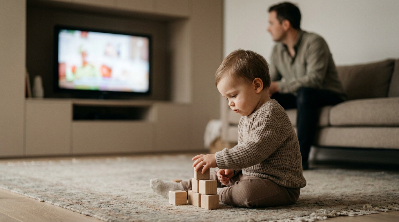 Jeune enfant jouant avec des blocs pendant qu'une télévision reste allumée en arrière-plan
