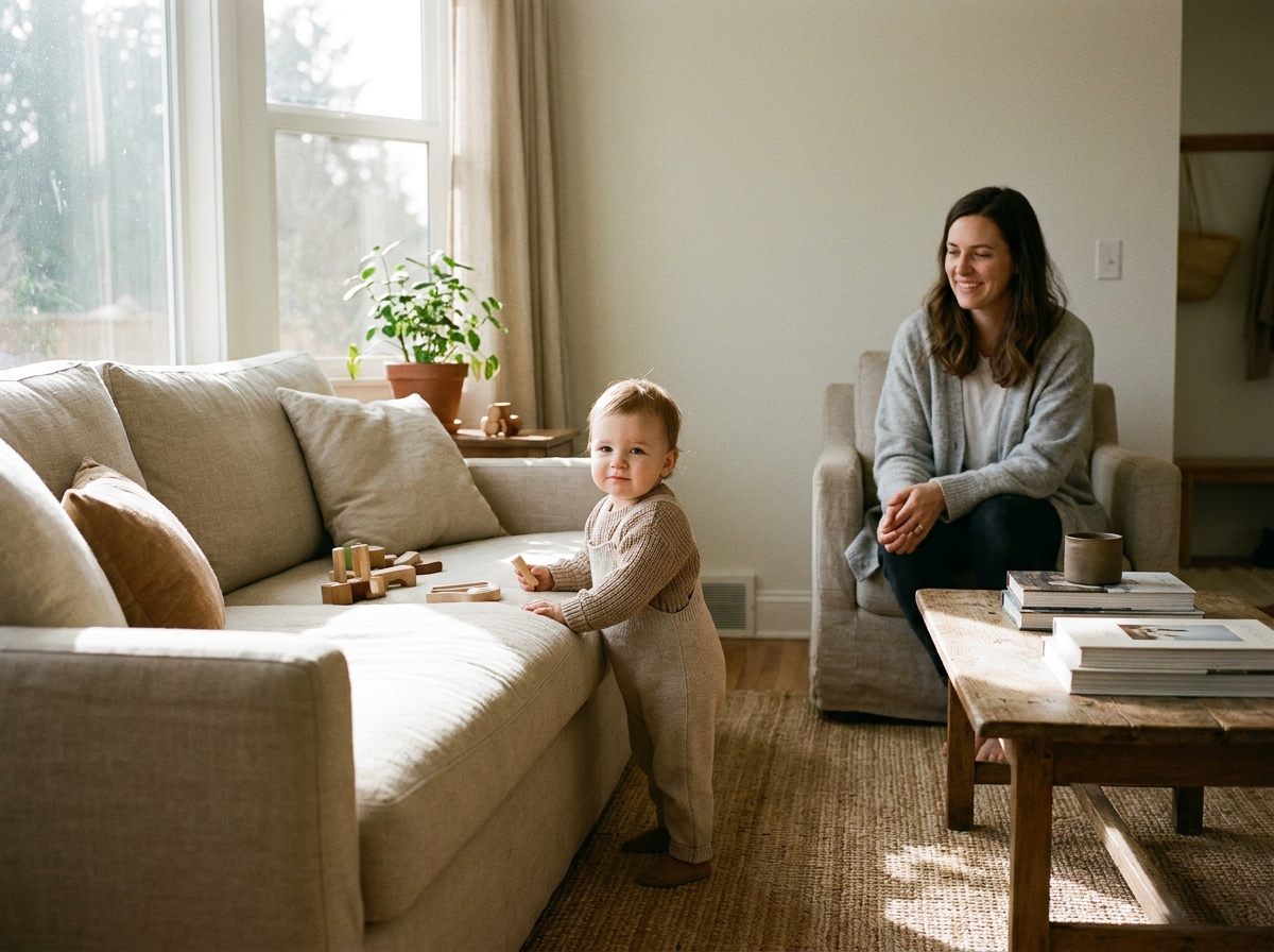 Bébé se tenant debout contre un canapé, sa mère, souriante, assise à côté