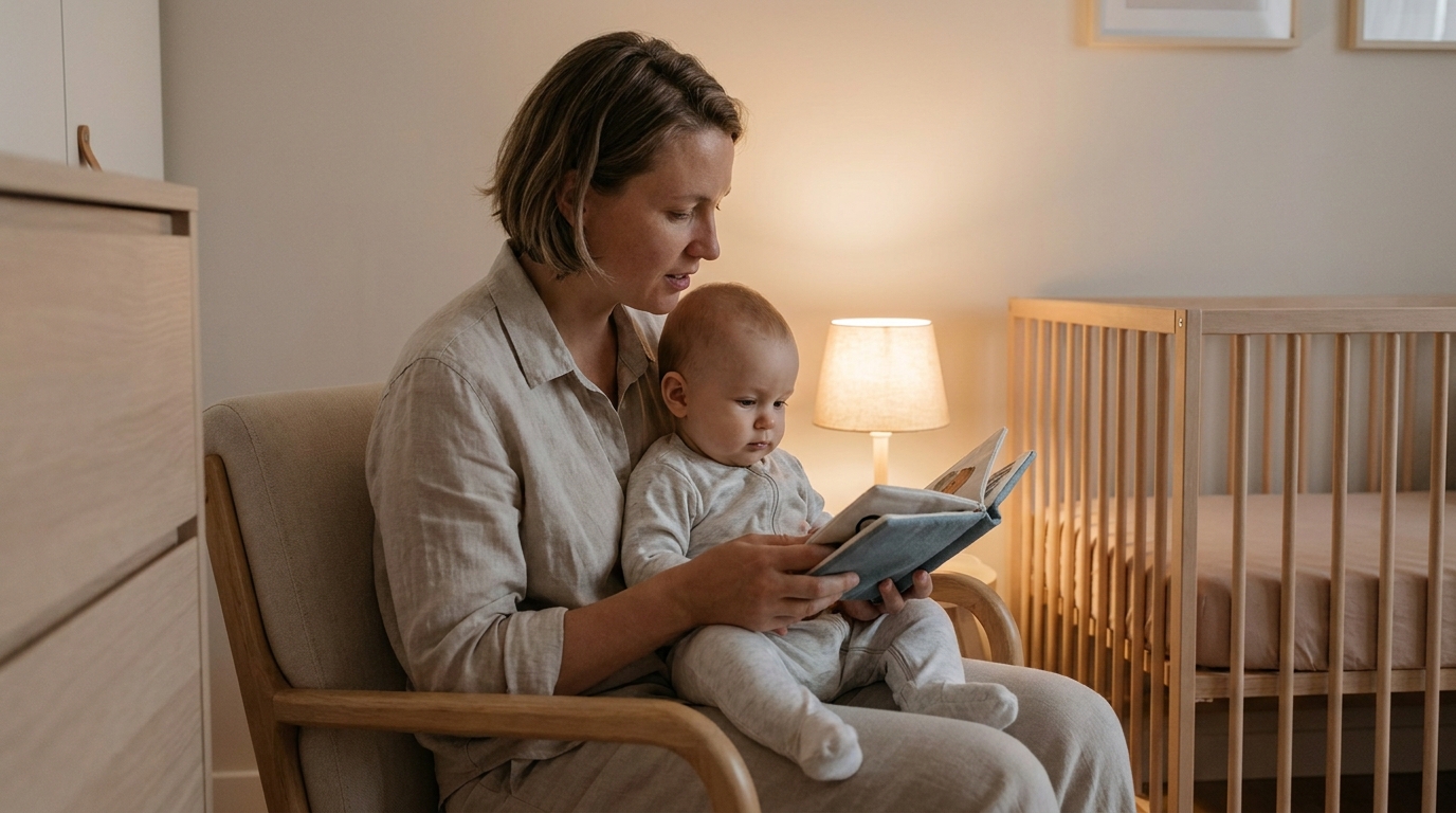 Parent lisant un livre à son bébé pendant une routine du coucher calme