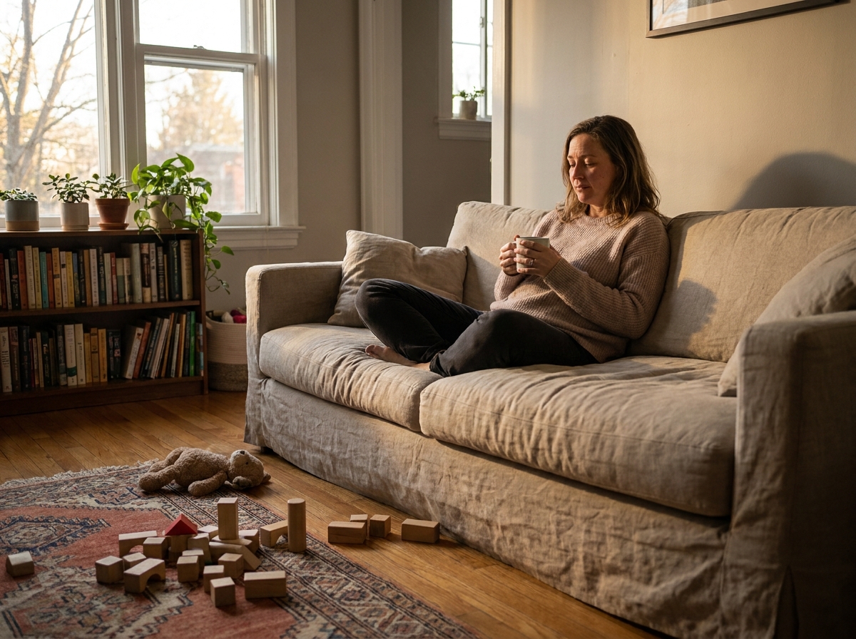 Maman assise sur un canapé, tasse en main, avec jouets éparpillés au sol