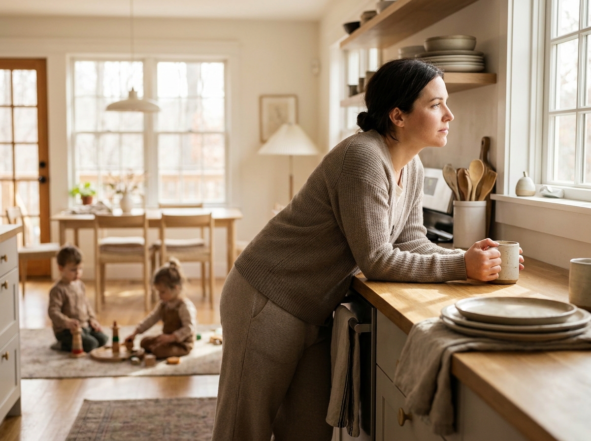 Mère accoudée sur le plan de travail d'une cuisine, tenant une tasse et regardant par la fenêtre, enfants jouant en arrière-plan