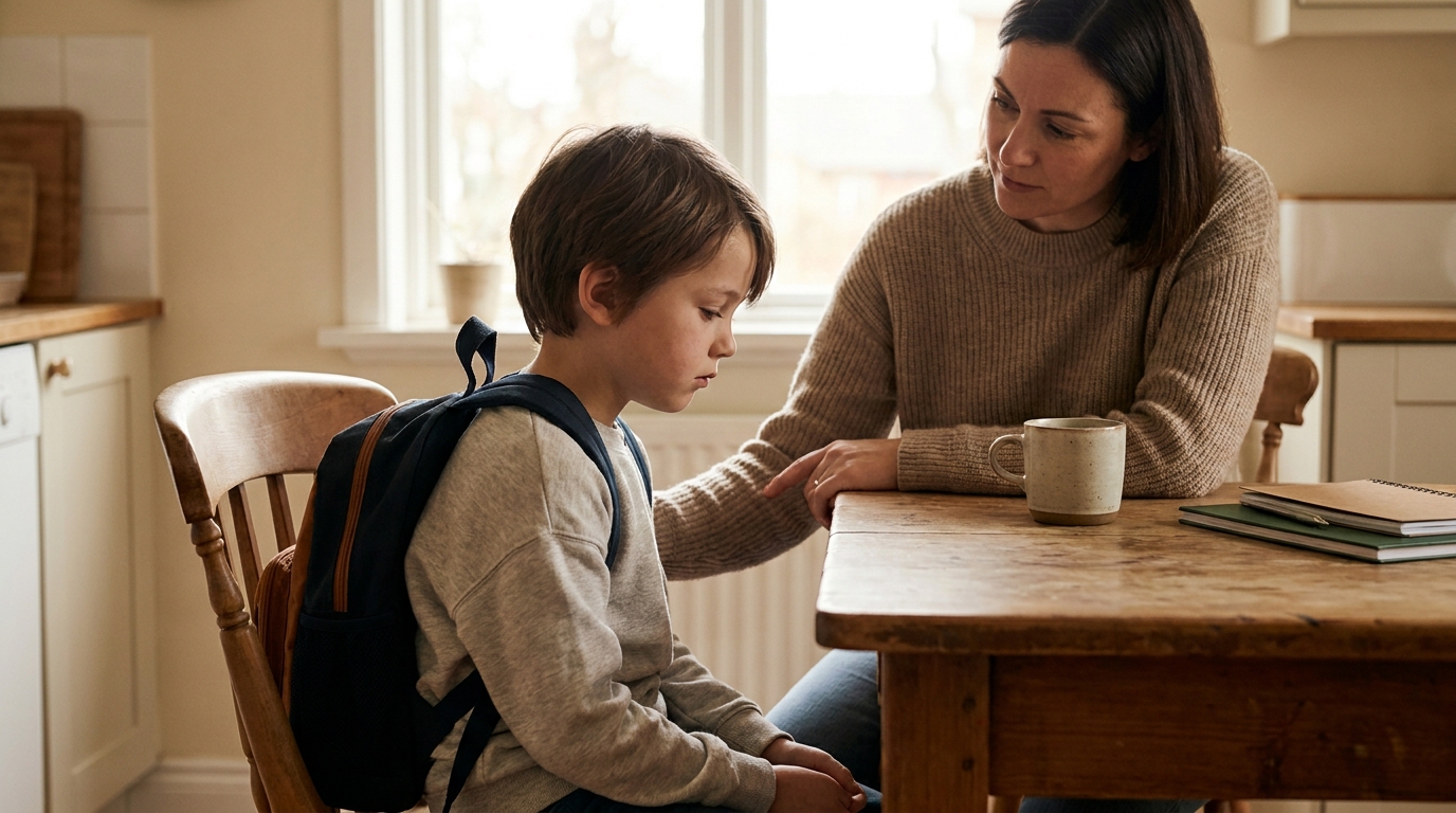 Parent écoutant un enfant préoccupé après l'école