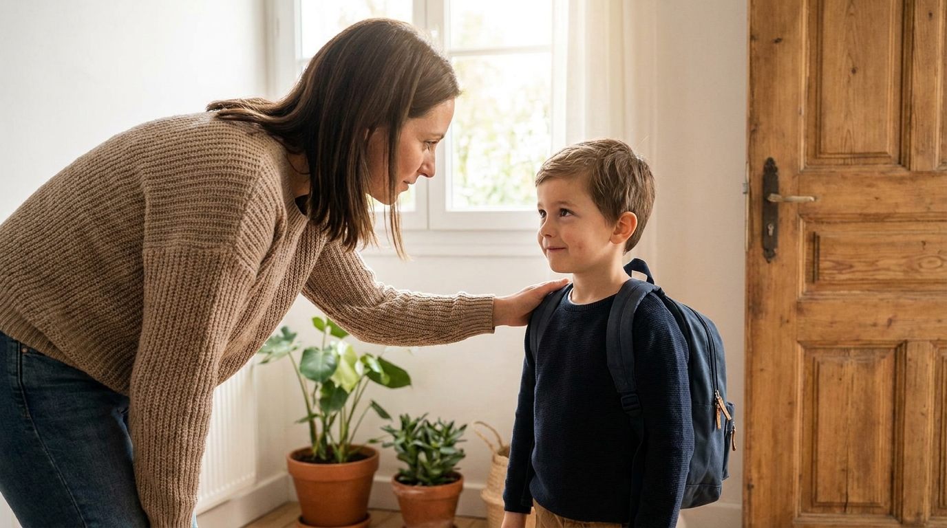 Enfant rassuré se préparant à partir à l'école