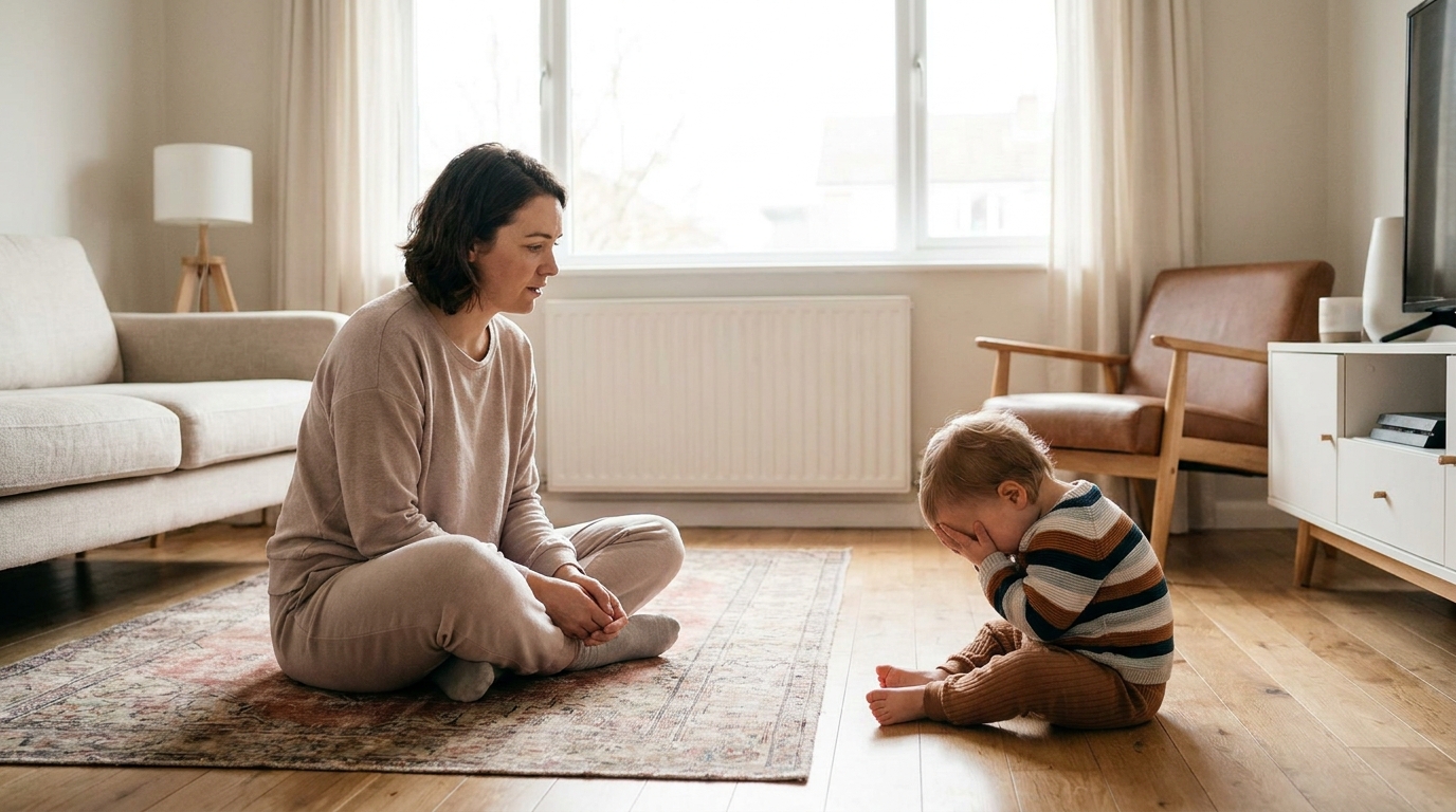 Parent restant calmement auprès d'un enfant de 2 ans en pleine colère
