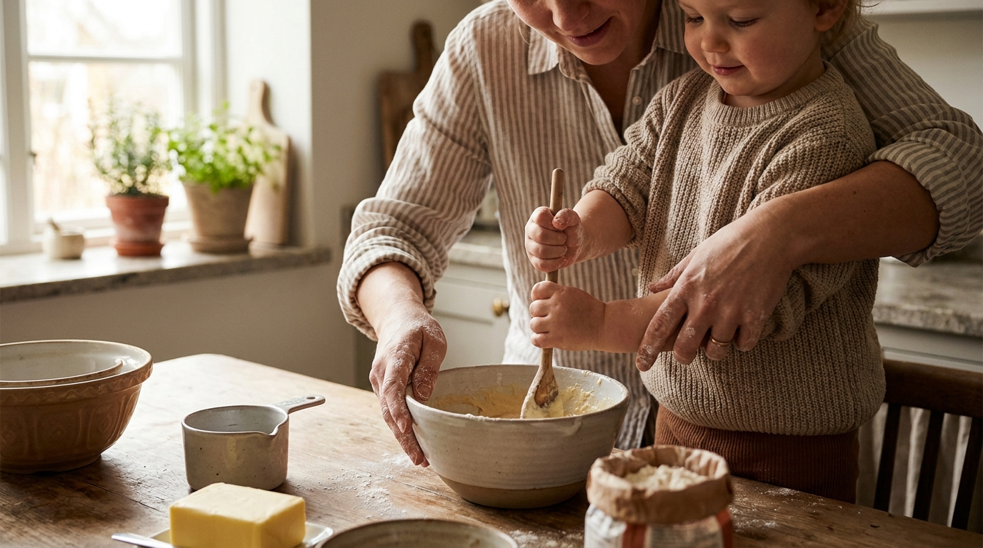 Parent préparant un gâteau avec son jeune enfant dans une cuisine