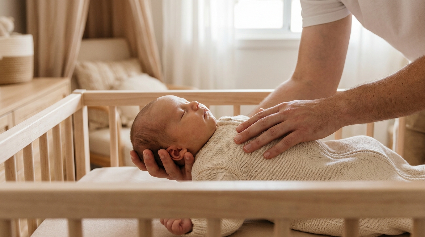 Parent posant doucement un nouveau-né endormi dans un berceau en bois