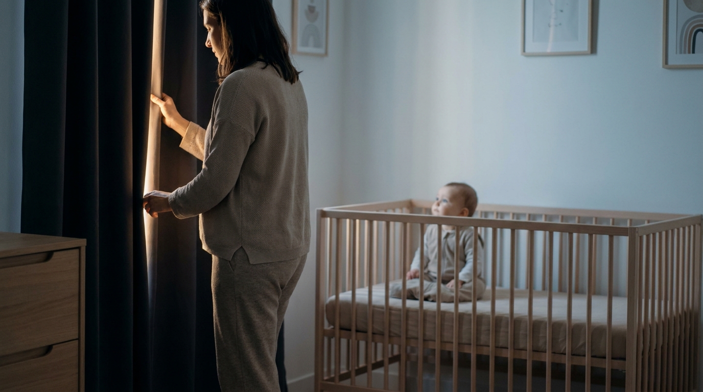 Parent fermant des rideaux occultants dans la chambre d’un bébé au petit matin