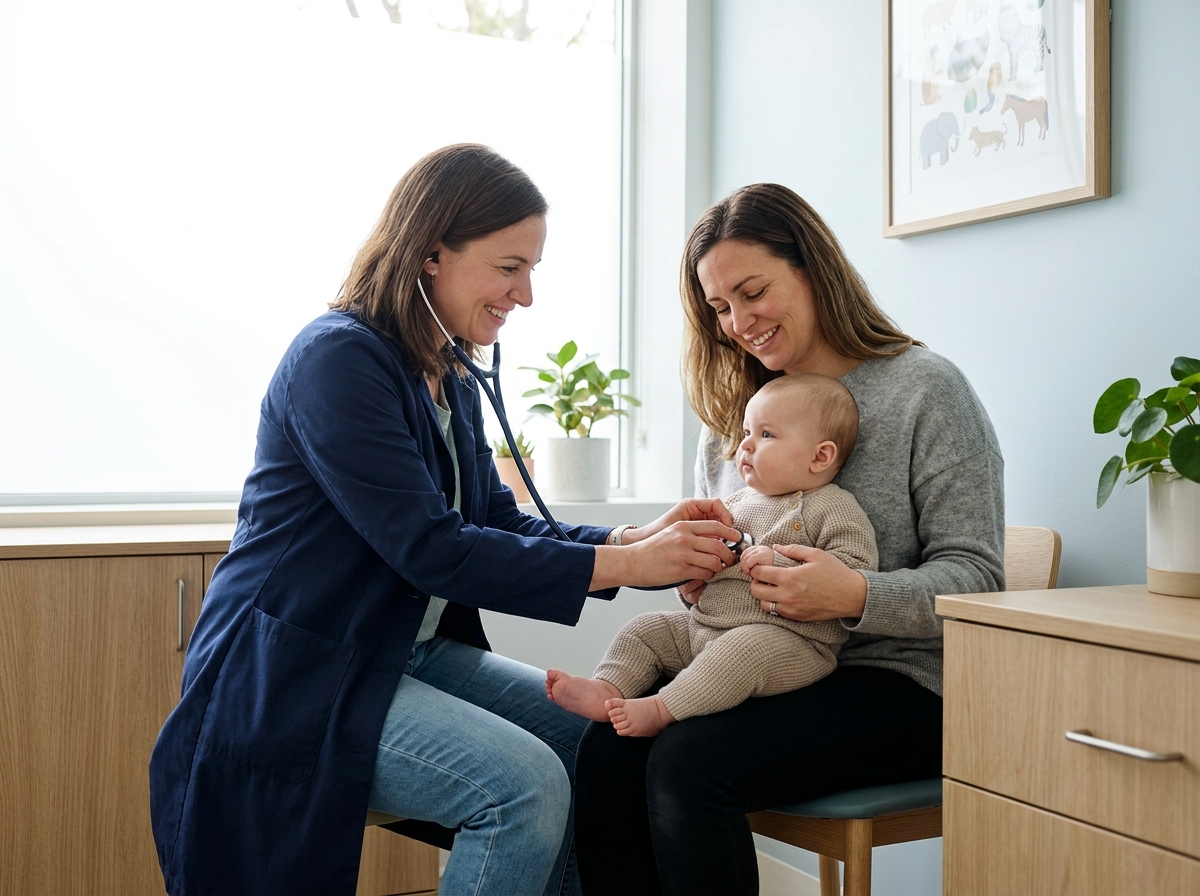 Pédiatre souriante auscultant un bébé sur les genoux de sa maman dans un cabinet lumineux