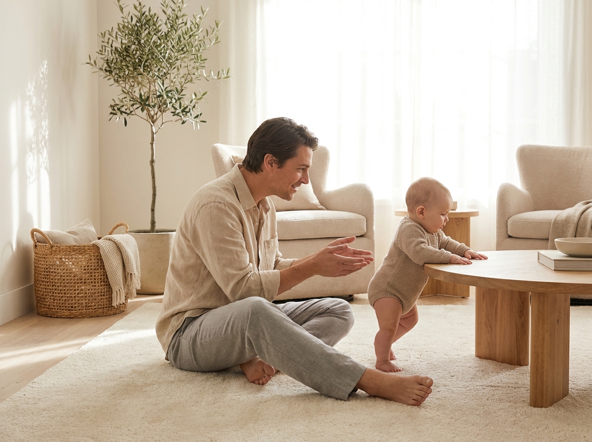 Papa assis au sol encourageant son bébé debout près d'une table basse en bois