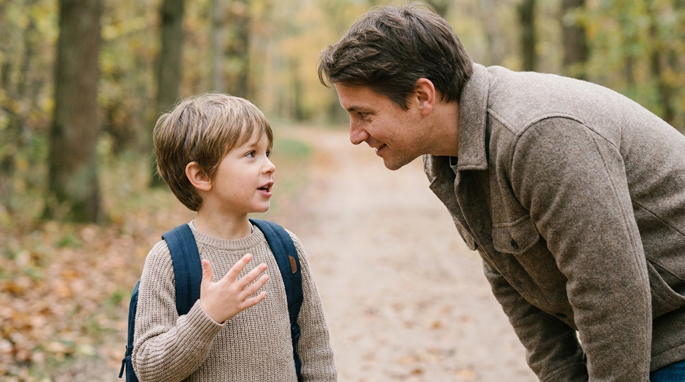 Parent discutant calmement avec son enfant lors d'une promenade