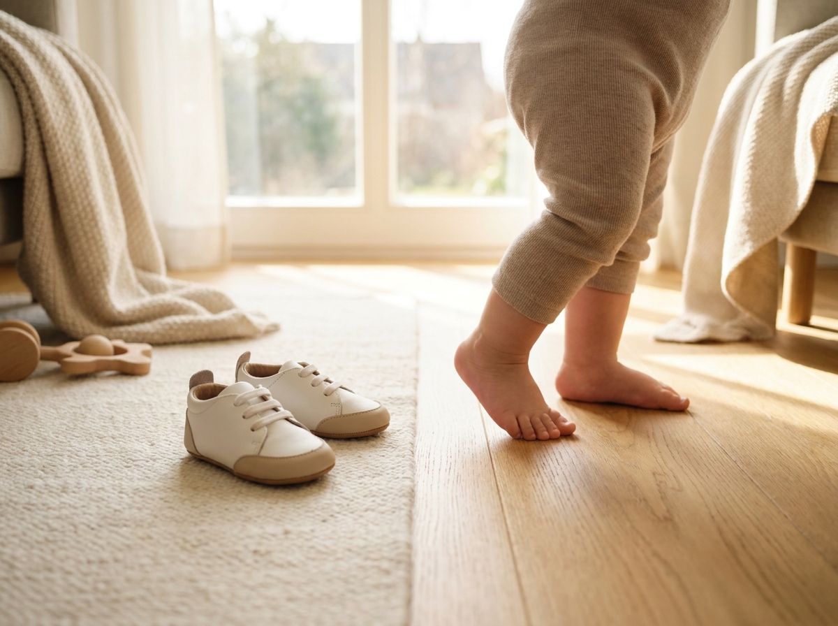 Petits pieds nus d'un bébé près d'une paire de chaussures blanches sur un sol en bois